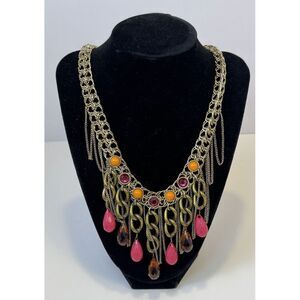 Boho Chic Statement Necklace with Colorful Gemstone Dangles, Chunky Chain